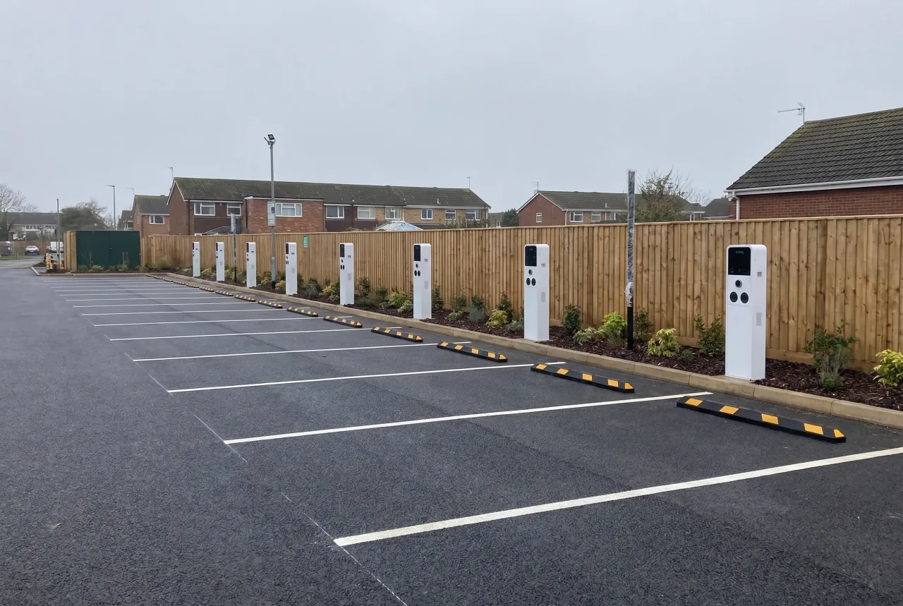 Completed EV charging hub or fleet depot with live power infrastructure
