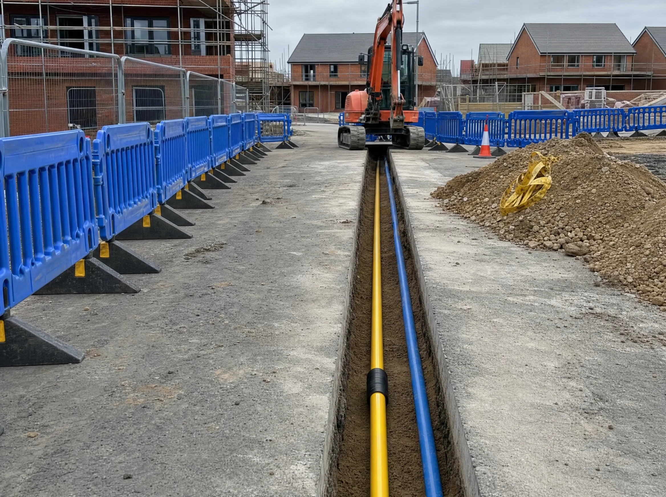 Newly installed yellow gas main and blue water pipe in a clean, professionally cut trench on a UK new-build housing development