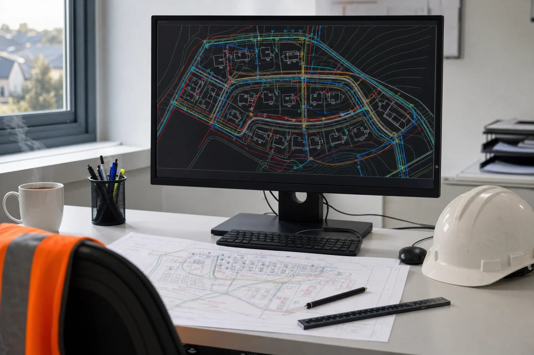 Utility design workstation with CAD plan on screen, hi-vis jacket and hard hat on the desk