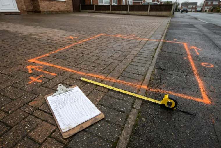 Reinstatement survey: a condition record on a clipboard and survey marks outlining the excavation on existing block paving