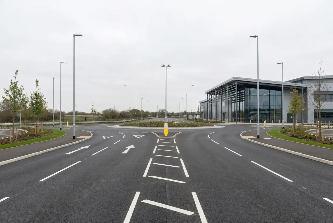 Completed infrastructure utility connection or transport hub with live supplies