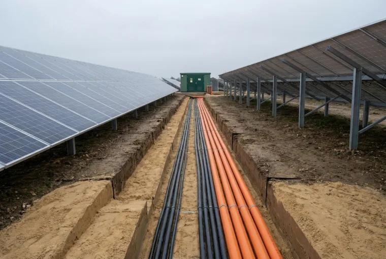 Trenching, ducting, and HV cabling on a solar farm