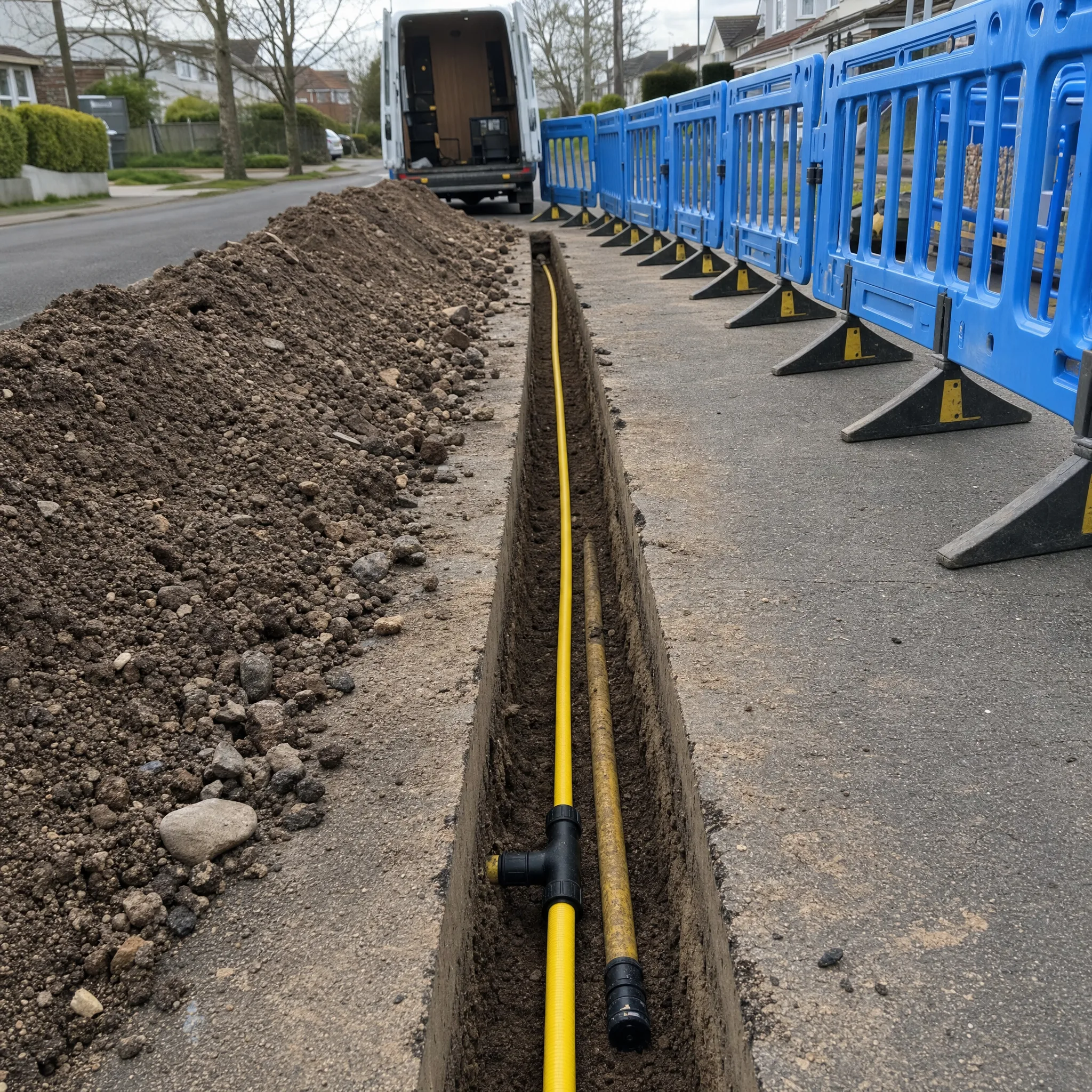 Old gas main being decommissioned beside a new yellow MDPE pipe in a clean trench