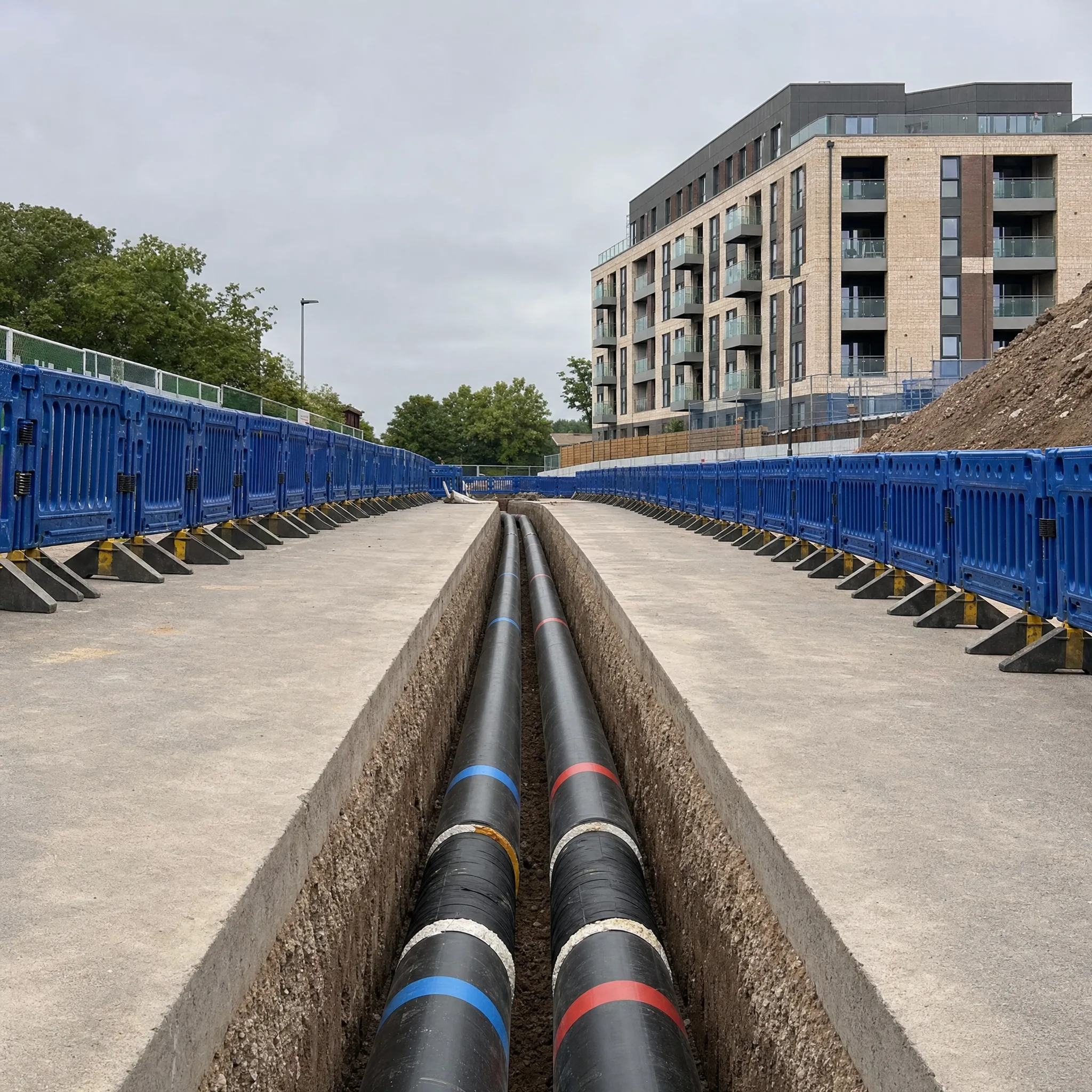 Pre-insulated district heating pipes laid in a clean trench beside a UK apartment block