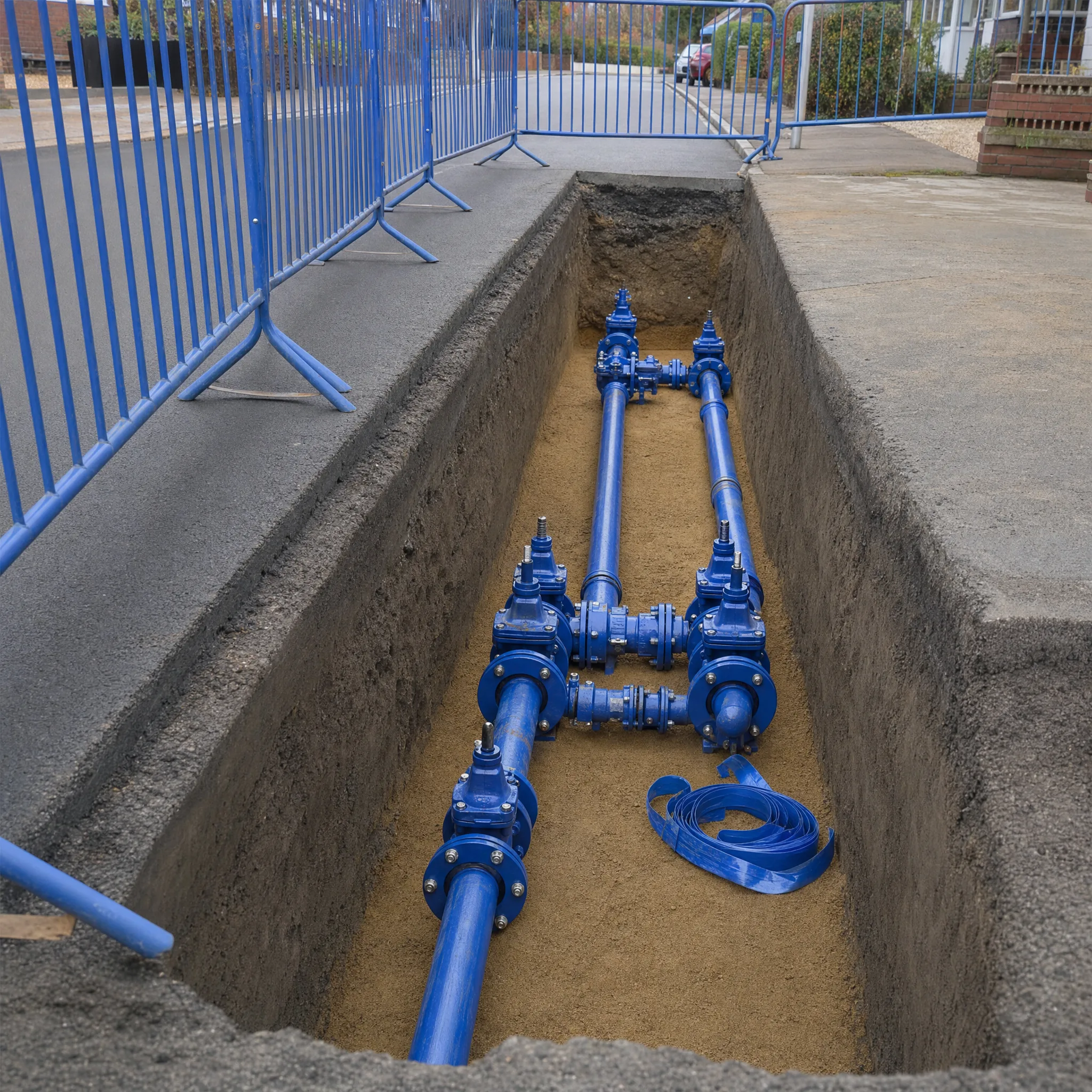 Blue MDPE water main and cast-iron valve manifold in a clean trench